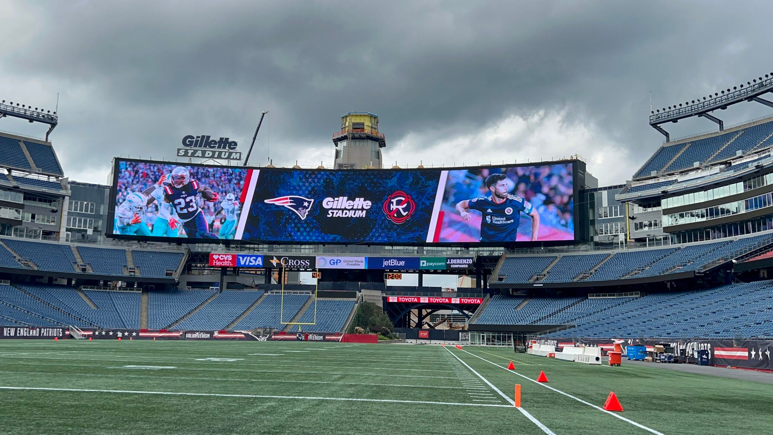 The new Gillette Stadium video board is five times larger than the previous board.