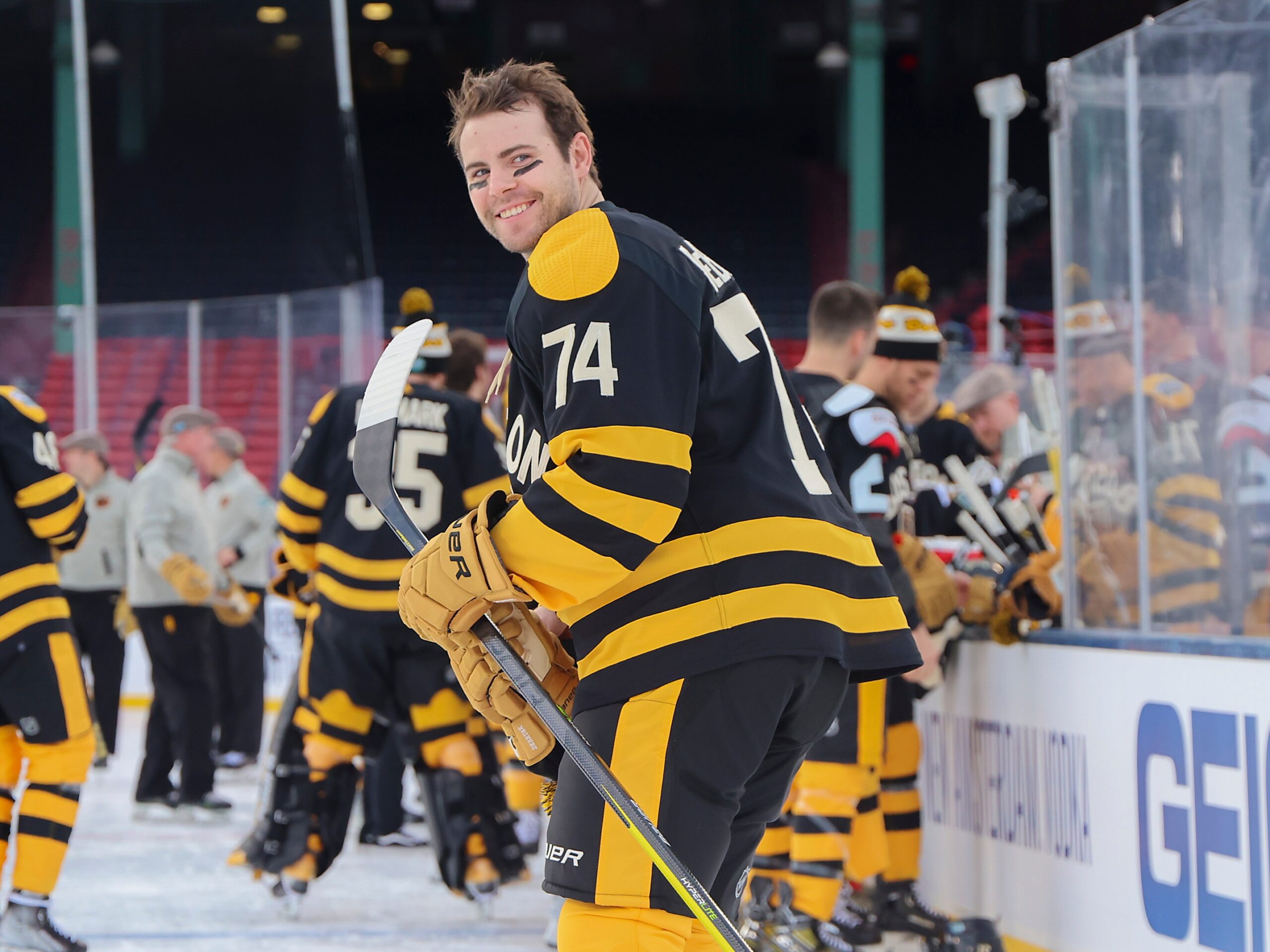 Boston Bruins Jake DeBrusk during practice before they play the Pittsburgh Penguins in tomorrow's Winter Classic at Fenway Park.
