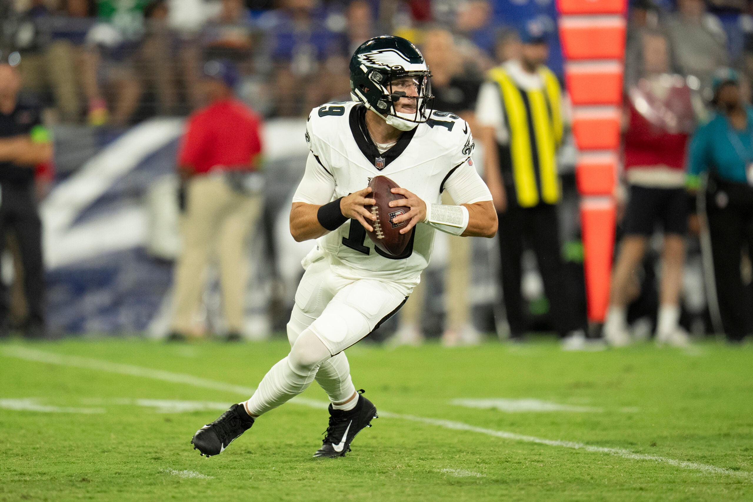 Philadelphia Eagles quarterback Ian Book looks to pass against the Baltimore Ravens during the first half of a preseason NFL football game, Saturday, Aug. 12, 2023, in Baltimore.