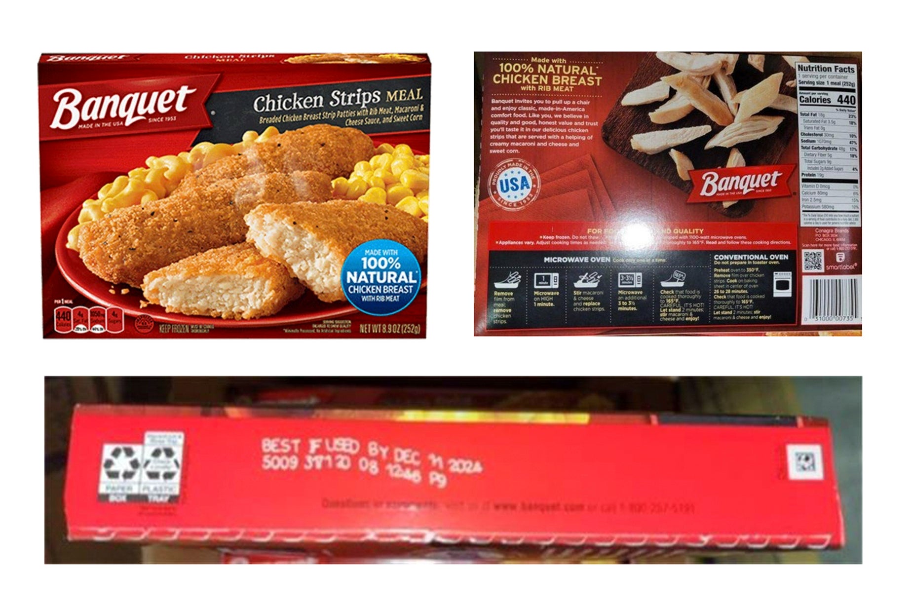 Red packaging for Banquet Brand Frozen Chicken Strips.