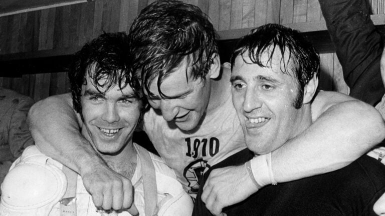 Derek Sanderson (left) Bobby Orr (middle) and Phil Esposito.